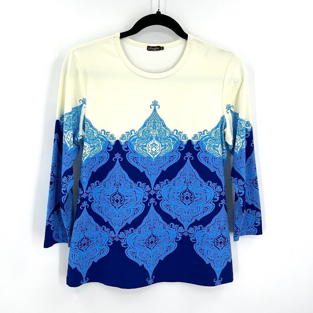 J. MCLAUGHLIN Blue Ivory Paisley Print 3/4 Sleeve Stretch Shirt Size Medium